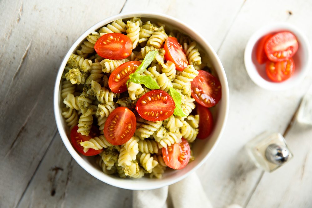 Pasta,salad,with,tomato,and,pesto